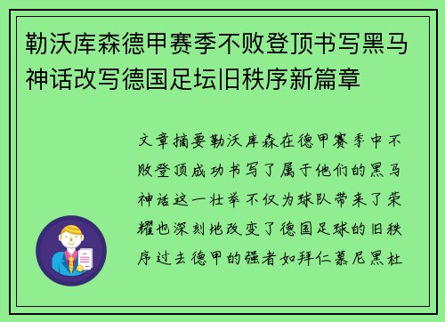 勒沃库森德甲赛季不败登顶书写黑马神话改写德国足坛旧秩序新篇章